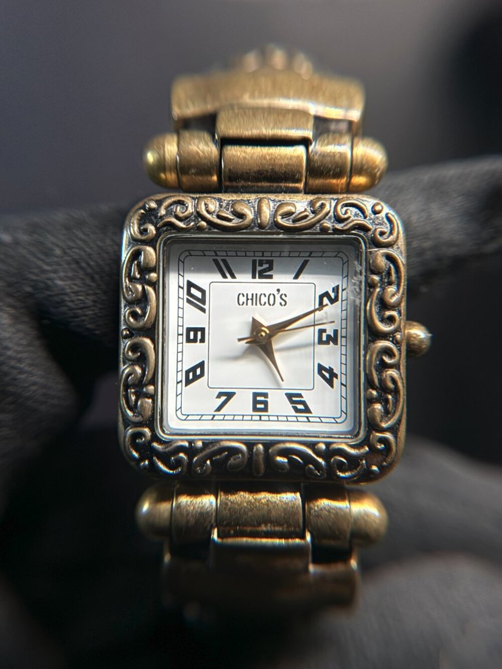 Chico’s Gold Tone Ornate Cuff Watch Japan Movement Stainless Back